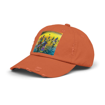 Chic orange Unisex Distressed Paddleboarders Cap adorned with a fantasy paddleboarder scene, perfect for sunlit adventures.
