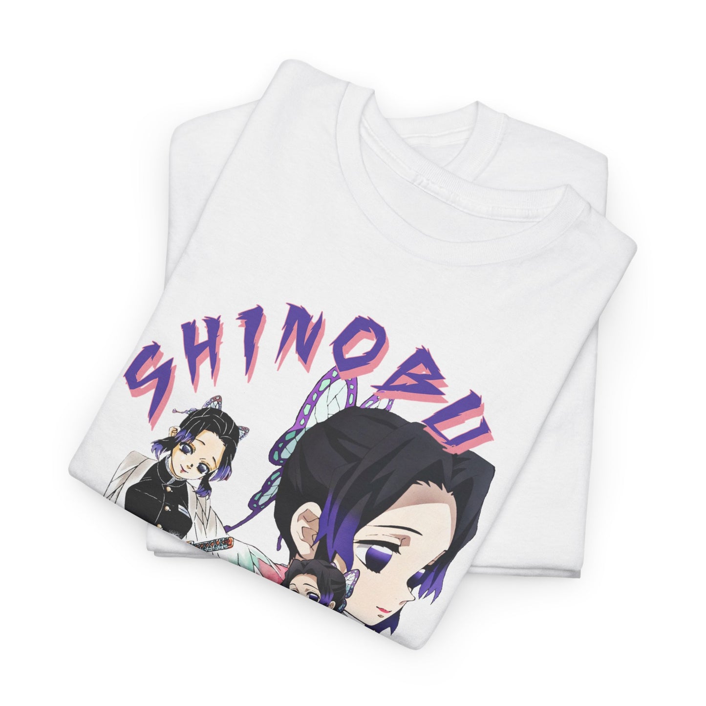 Elegantly folded white T-shirt displaying eye-catching artwork of Shinobu Kocho from Demon Slayer, ideal for fashionable anime lovers looking for unique style.