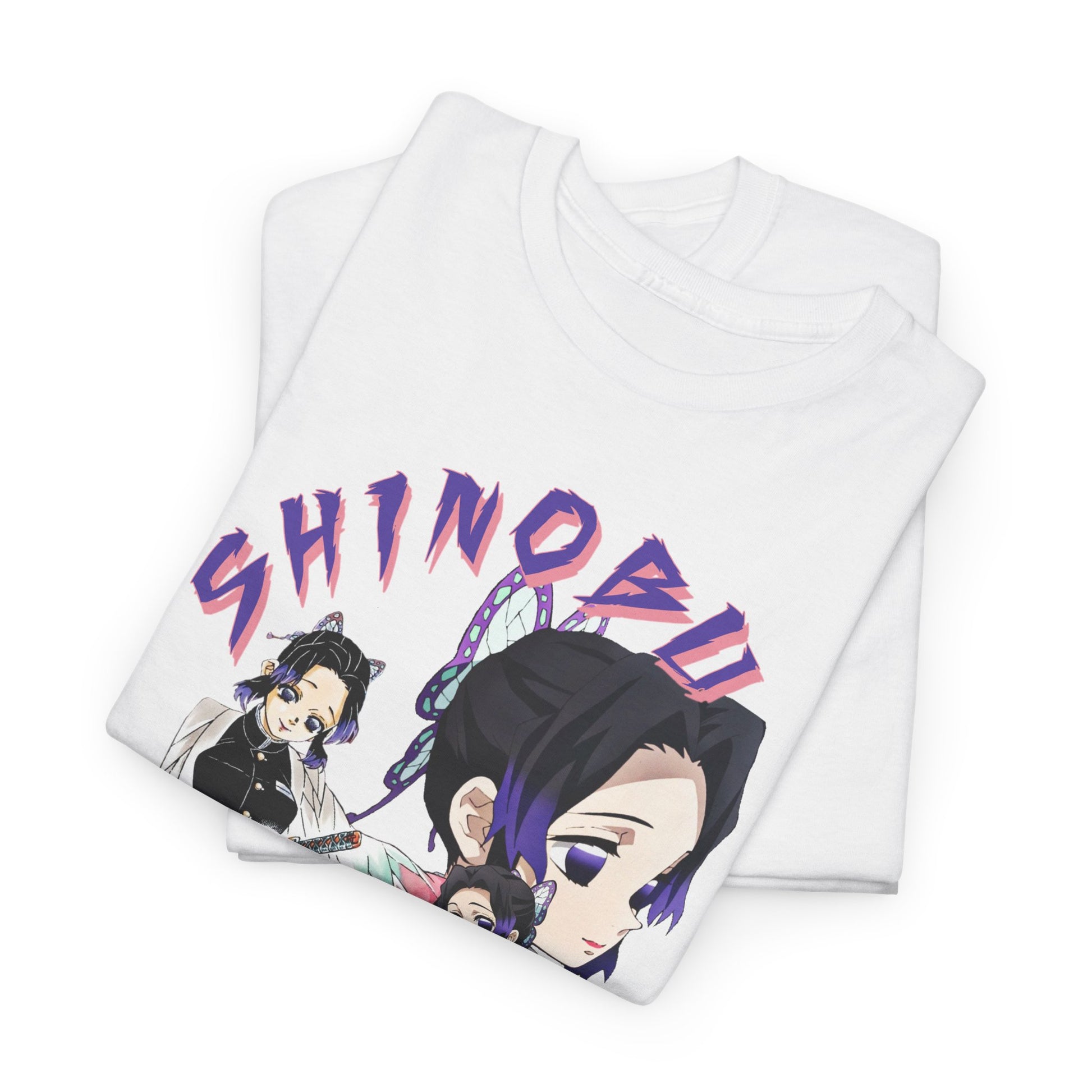 A neatly folded white T-shirt displaying an artistic design of Shinobu Kocho, ideal for showcasing anime-inspired fashion elegance in your wardrobe.