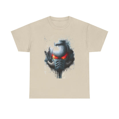 Elegant unisex tee adorned with an artistic rendering of a sleek helmet, highlighted by intense red eyes and intricate splatter details, ideal for showcasing a bold statement in urban fashion.