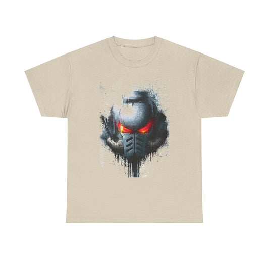 Elegant unisex tee adorned with an artistic rendering of a sleek helmet, highlighted by intense red eyes and intricate splatter details, ideal for showcasing a bold statement in urban fashion.