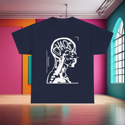 CHAOS Graphic Unisex T-Shirt in Premium Cotton adorned with a sophisticated navy colour and a striking black and white X-ray illustration of the human head, symbolizing chaos and creativity.