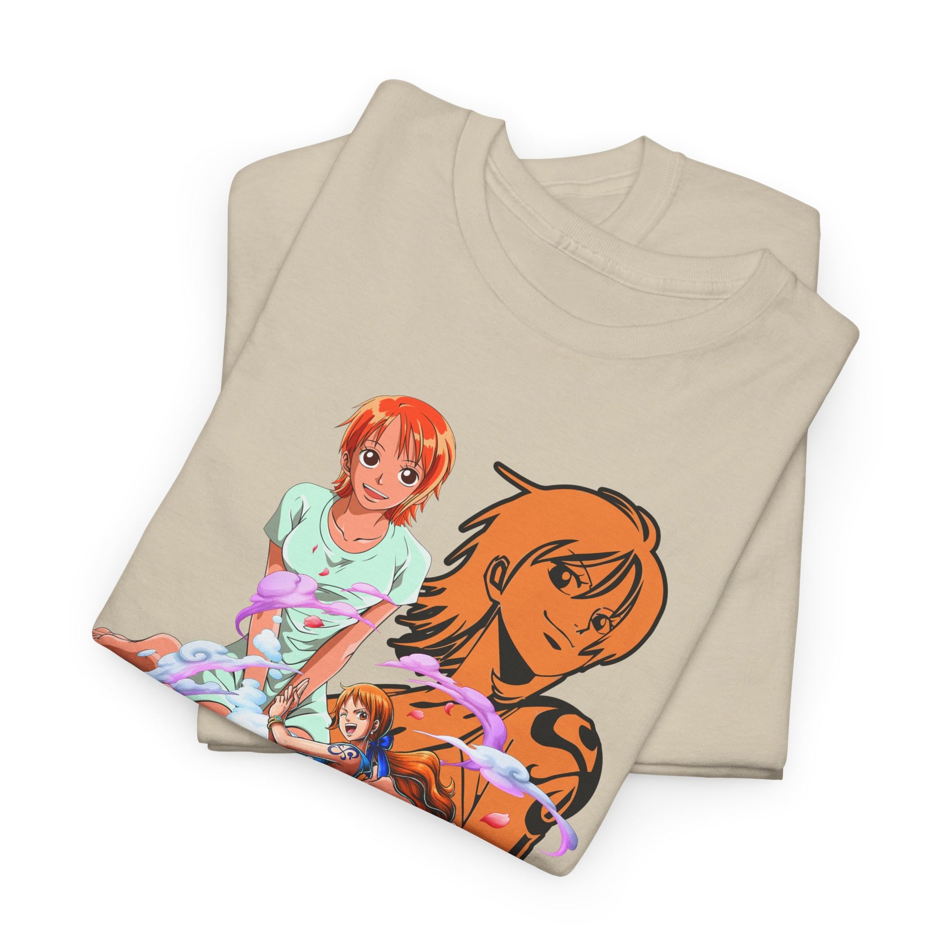 Stacked view of two premium beige men's t-shirts featuring striking anime artwork, designed for fans of One Piece, showcasing dynamic colours and characters.