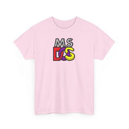 Front view of the pink Unisex MS DOS Logo Graphic Tee, featuring a vibrant MS-DOS logo, embodying a nostalgic yet stylish retro computer aesthetic.