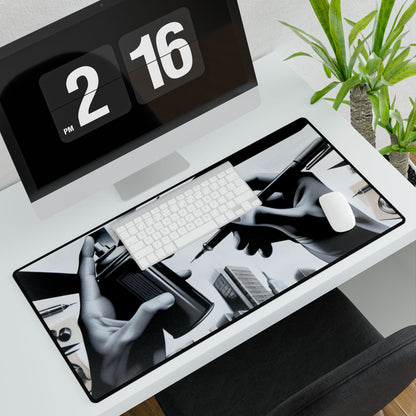 BanksyGroove UrbanScape Desk Mat showcased on a stylish workspace desk, featuring a modern monochrome design with artistic elements, perfectly complementing an elegant Apple keyboard and mouse.