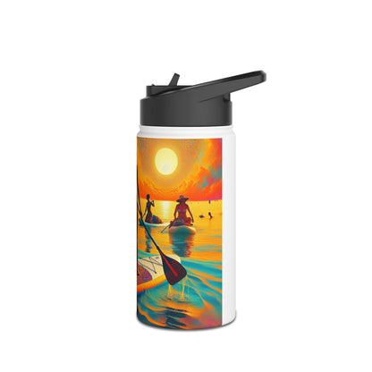 Artistic Fantasy Paddleboarding Stainless Steel Water Bottle, capturing the essence of paddleboarding at sunset, a perfect accessory for luxury outdoor activities.