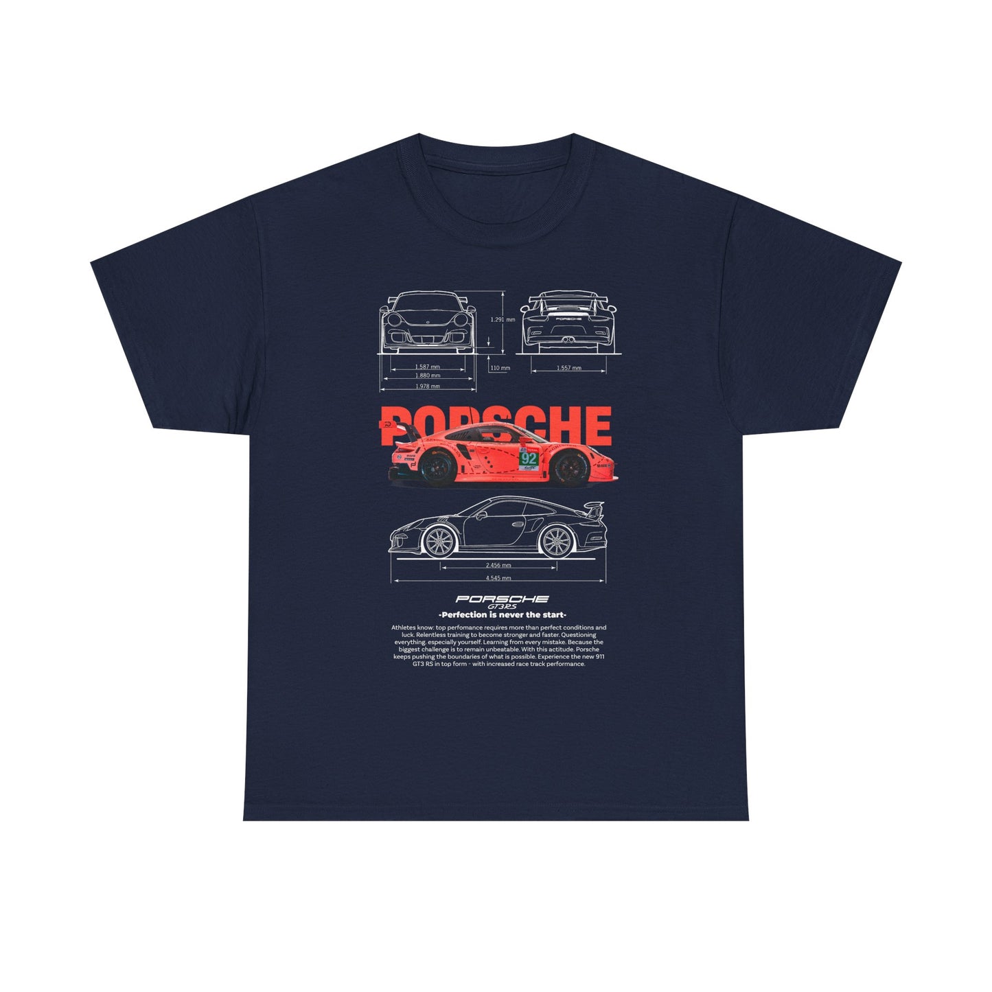 Premium navy men's t-shirt showcasing a striking coral-pink Porsche race car design integrated with technical sketches and motivational quote, ideal for racing aficionados.