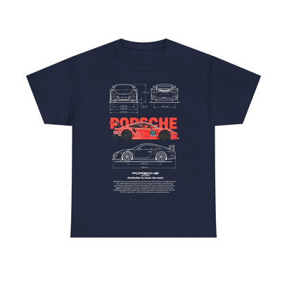 Premium navy men's t-shirt showcasing a striking coral-pink Porsche race car design integrated with technical sketches and motivational quote, ideal for racing aficionados.