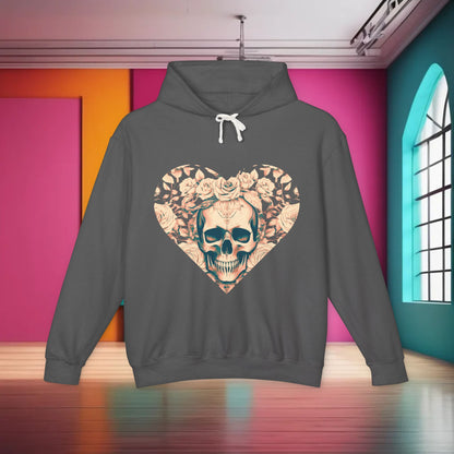 Unisex Lightweight Hooded Sweatshirt with distinctive skull and roses artwork, showcased in a chic darker grey shade, perfect for contemporary fashion.