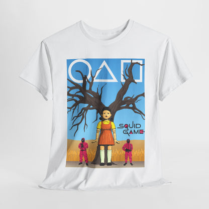 Luxurious unisex graphic tee featuring an artistic design inspired by Squid Game, showcasing a character with tree branches and a vivid background.