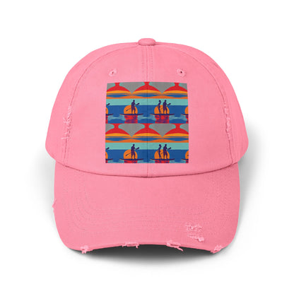 Unisex Distressed Cap adorned with a stunning fantasy paddleboarding scene - perfectly crafted for luxury adventurers, available in an elegant pink colour.