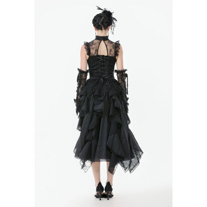 Elegant Dark in Love Seraphina black ruched lace blouse featuring structured puff sleeves, perfect for gothic evening wear.