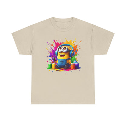 Men's Funny Minion Paint Splash T-Shirt featuring a vibrant Minion character surrounded by splashes of paint, perfect for those who love a playful and artistic style. This T-shirt is ideal for fans of Minions, offering a unique and funny design.