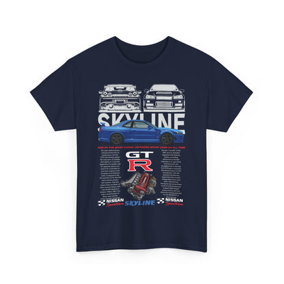 Front view of a premium navy blue T-shirt featuring striking graphics of iconic Nissan Skyline GT-R cars and technical specifications, perfect for automotive aficionados.