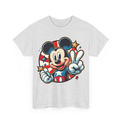Front view of a luxury unisex Mickey Mouse Pop Art Graphic Tee Shirt featuring a vibrant design of Mickey Mouse in a heroic pose with a peace sign, set against a red, white, and blue backdrop.