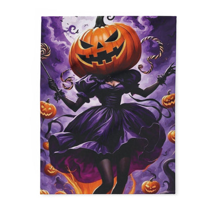 Luxurious Decorative and Warm Halloween Spooky Arctic Fleece Blanket featuring a striking design of a pumpkin-headed figure in a purple dress, perfectly suited for adding a festive touch to your Halloween decor.