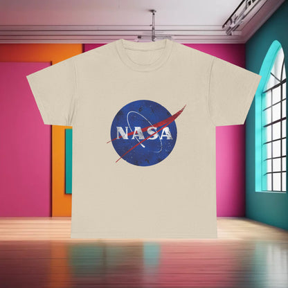 Urban NASA Logo Graphic T-Shirt in 100% Cotton - Unisex Casual Wear for Street Style Enthusiasts showcased in an elegant beige T-shirt with a distinctive NASA logo design.