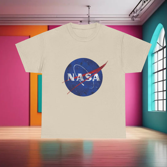 Urban NASA Logo Graphic T-Shirt in 100% Cotton - Unisex Casual Wear for Street Style Enthusiasts showcased in an elegant beige T-shirt with a distinctive NASA logo design.