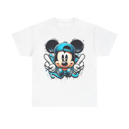 Elegant unisex Mickey Mouse Graffiti Graphic T-Shirt in white, featuring a vibrant graffiti-inspired design of Mickey with a teal cap and headphones, perfect for modern trendsetters.