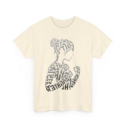 Front view of the Fighter Girl Graphic Unisex T-Shirt in cream, showcasing an artistic silhouette formed by the words 'Fighter' and 'Girl', a statement piece for empowered style.