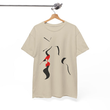 Sophisticated unisex graphic cotton t-shirt displayed elegantly on a wooden hanger, showcasing a unique abstract design with subtle tones and eye-catching red accents.