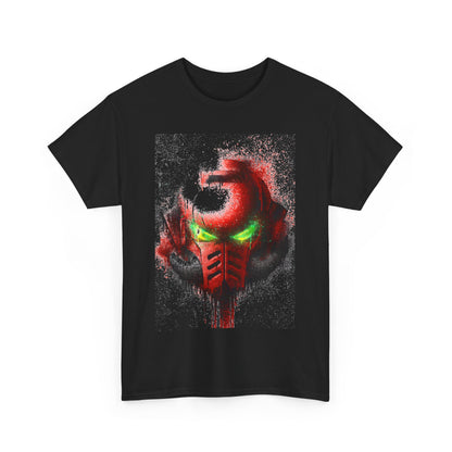 Chic graphic tee displaying a bold red helmet graphic with vibrant green eyes on a classic black base, elegantly designed for those who appreciate contemporary art and fashion.