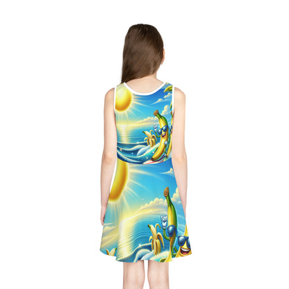 Luxury Sophie Rosendale 2 Tropical Banana Surfers Girls Sundress by Dazzling Dreams Studio, featuring playful banana surfer print on a soft cotton-blend fabric.