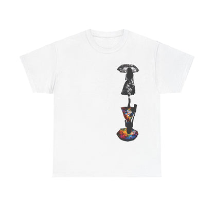 Chic Duality Dreams Unisex T-Shirt in classic white, boasting a creative floral design that juxtaposes the elegance of black and white against a colourful silhouette, encapsulating artistry and sophistication.