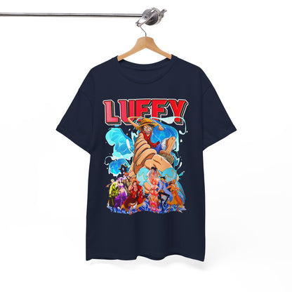 Sophisticated navy t-shirt effortlessly displayed on a hanger, featuring captivating Luffy imagery, reflecting trendy design for modern attire.
