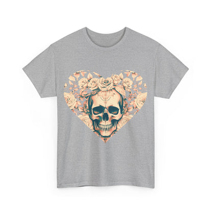 Front view of the Skulls and Roses Cotton Tee in grey, displaying exquisite artwork with a skull surrounded by roses in a heart shape, encapsulating elegance and individuality.