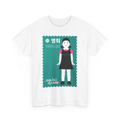 Sophisticated white graphic tee showcasing the striking stamp-style artwork of 'Young-Hee' from Squid Game, perfect for stylish nonconformists.