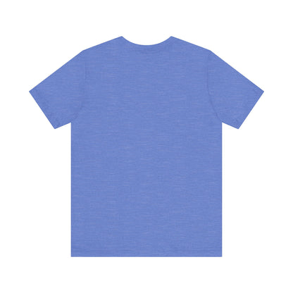 Back view of Sabrina Carpenter Inspired Unisex Short Sleeve Tee with Vibrant Lipstick Print, showcasing a smooth blue fabric finish.