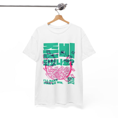 Stylish unisex Squid Game graphic T-shirt in white, featuring vibrant teal and pink artwork with playful money motifs and the text 'I'll Make Sure We Win.', perfect for making a bold fashion statement.