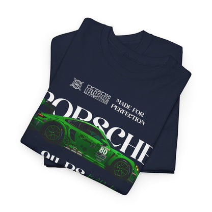 Luxurious navy blue Porsche 911 RS men's t-shirt featuring a vibrant graphic design of the iconic green car, emphasizing performance and elegance.