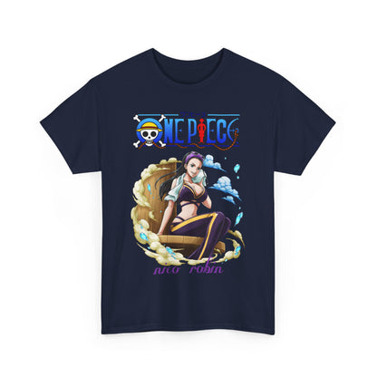 Exquisite navy t-shirt featuring an artistic graphic of Nico Robin, embodying a blend of chic style and anime enthusiasm.