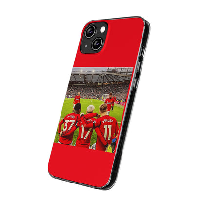 Elegant Manchester United Mainoo Garnach Hojlund Soft Phone Case, captured in an angled view, showcasing the intricate UV-printed design, embodying pride for soccer fans.