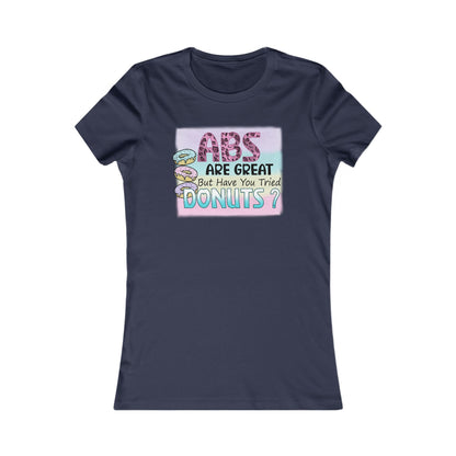 Sophisticated navy women's T-shirt showcasing a playful graphic that says 'ABS ARE GREAT But Have You Tried DONUTS?', complemented by colourful donut motifs, perfect for adding a touch of whimsy to any wardrobe.