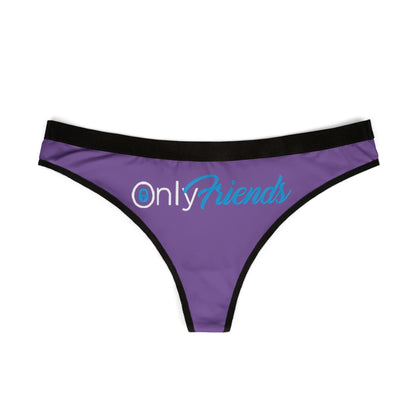 Luxurious purple thong panties featuring the whimsical 'OnlyFriends' logo, designed for stylish comfort and playful intimacy.