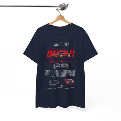 Elegant navy blue Chevrolet Corvette C6 graphic T-shirt displayed on a wooden hanger, showcasing bold automotive artwork and intricate design details.