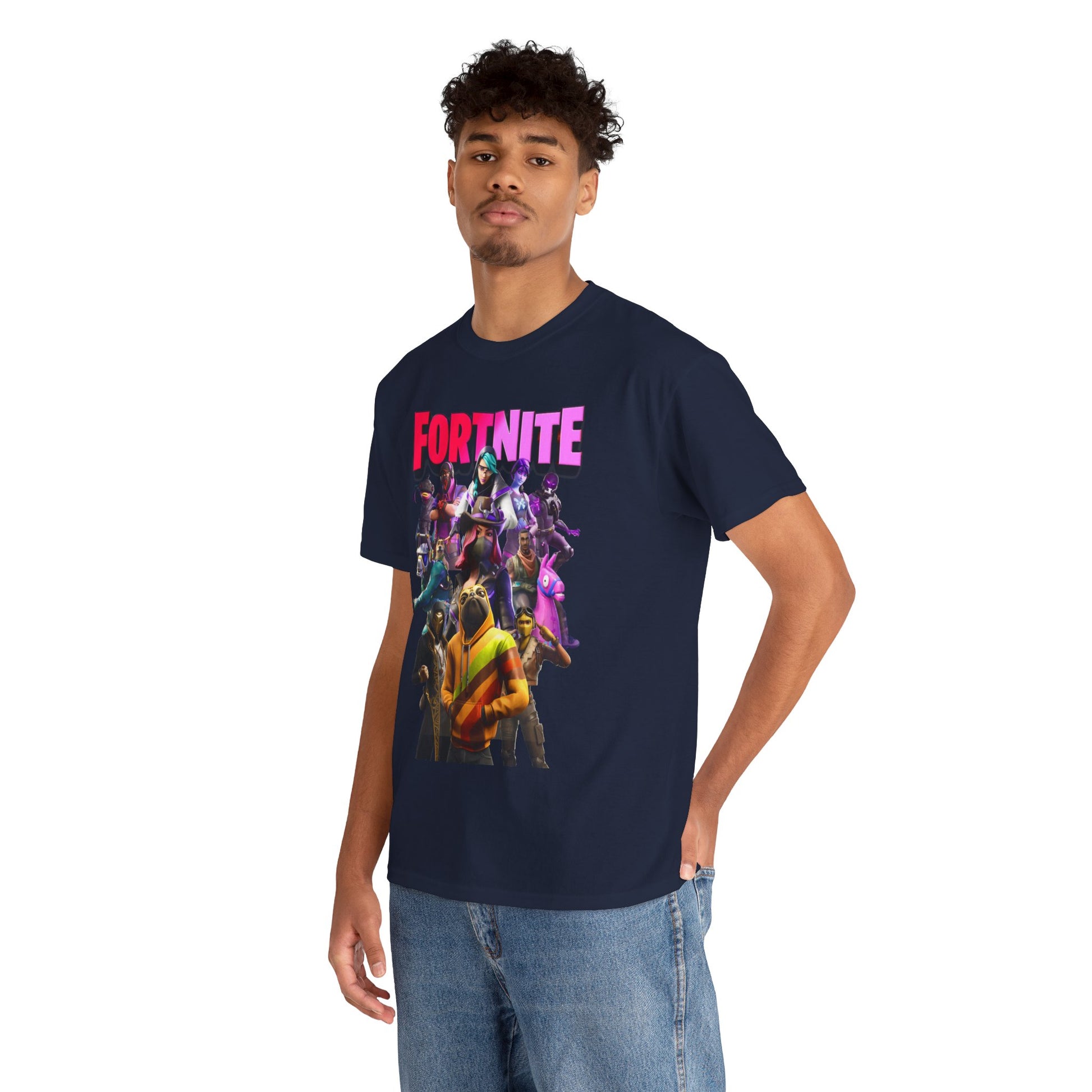 Fashionable male model wearing a luxurious Fortnite T-shirt, featuring vivid graphics that resonate with modern gaming culture.