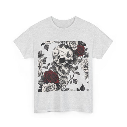 Front view of the Skulls and Roses Cotton Tee featuring a striking steampunk design with skulls and roses, perfect for alternative fashion.