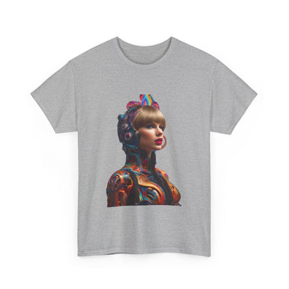Front view of a luxury grey heavy cotton tee adorned with an artistic psychedelic representation of Taylor Swift for dedicated fans.