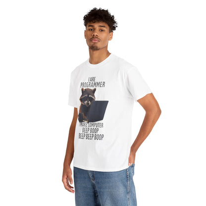 Sophisticated white t-shirt with a playful 'I Are Programmer' raccoon graphic, designed for programmers and tech enthusiasts.