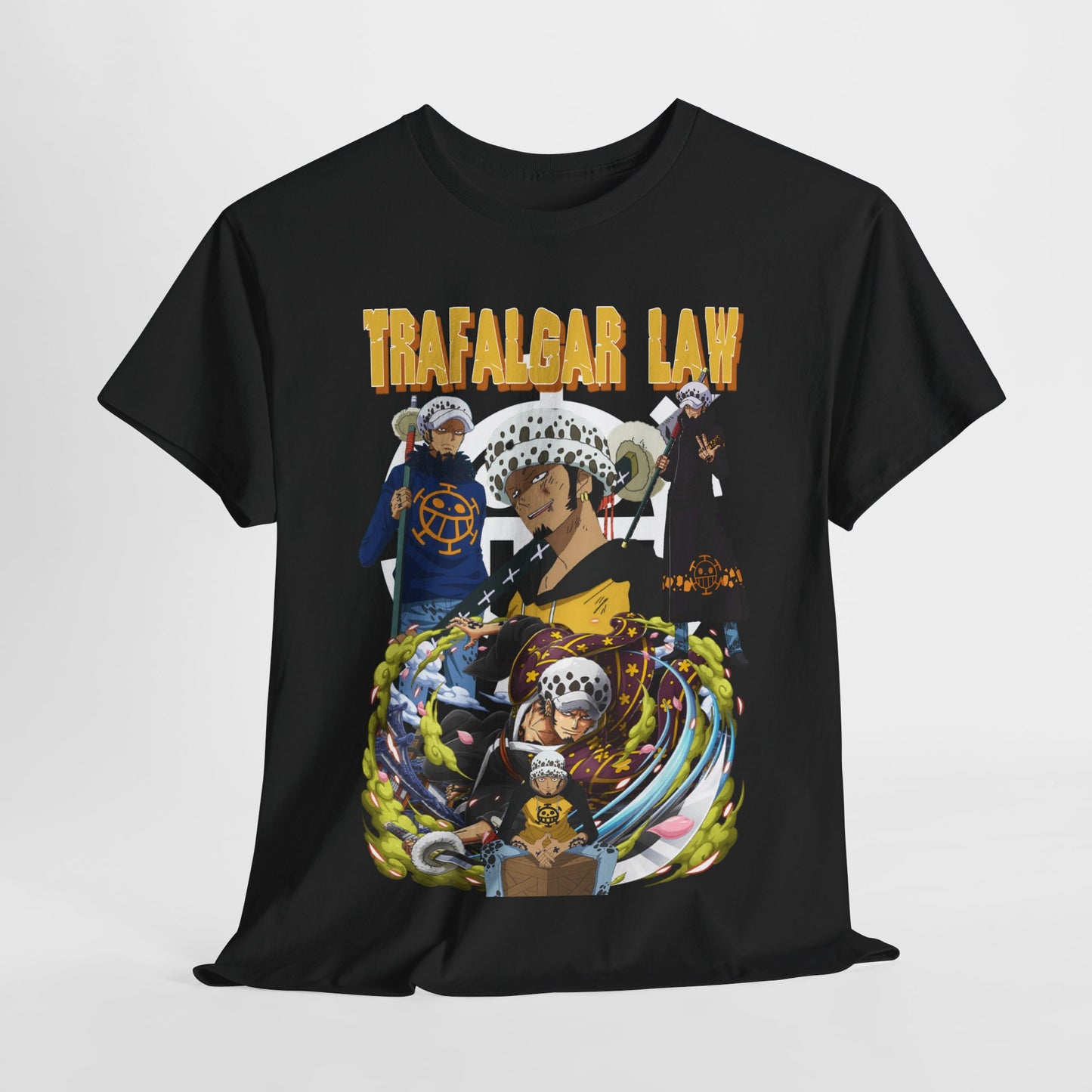 Premium quality black t-shirt showcasing a vibrant graphic of Trafalgar Law from One Piece, perfect for stylish anime enthusiasts.