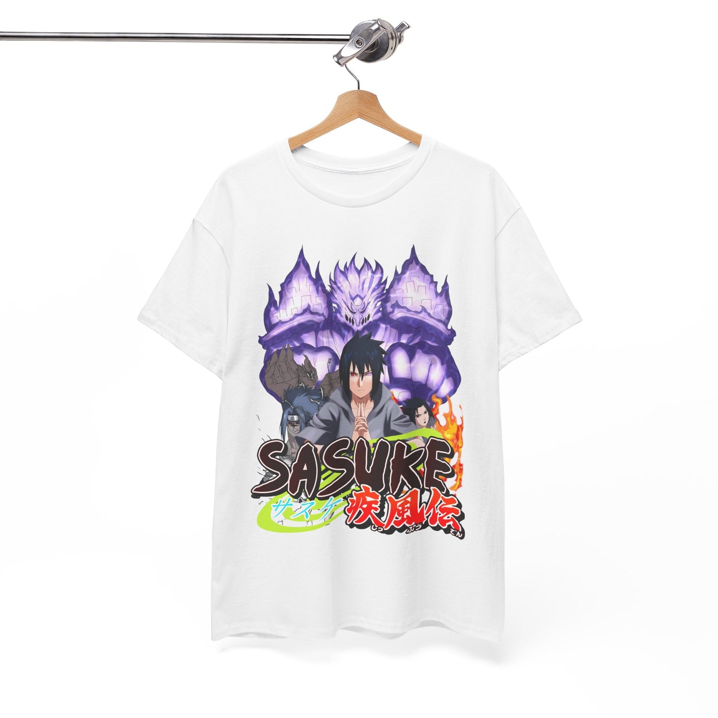 Stylish Sasuke graphic t-shirt hanging on a sleek hanger, featuring a captivating design with the character surrounded by dramatic elements, perfect for fashion-forward anime fans.