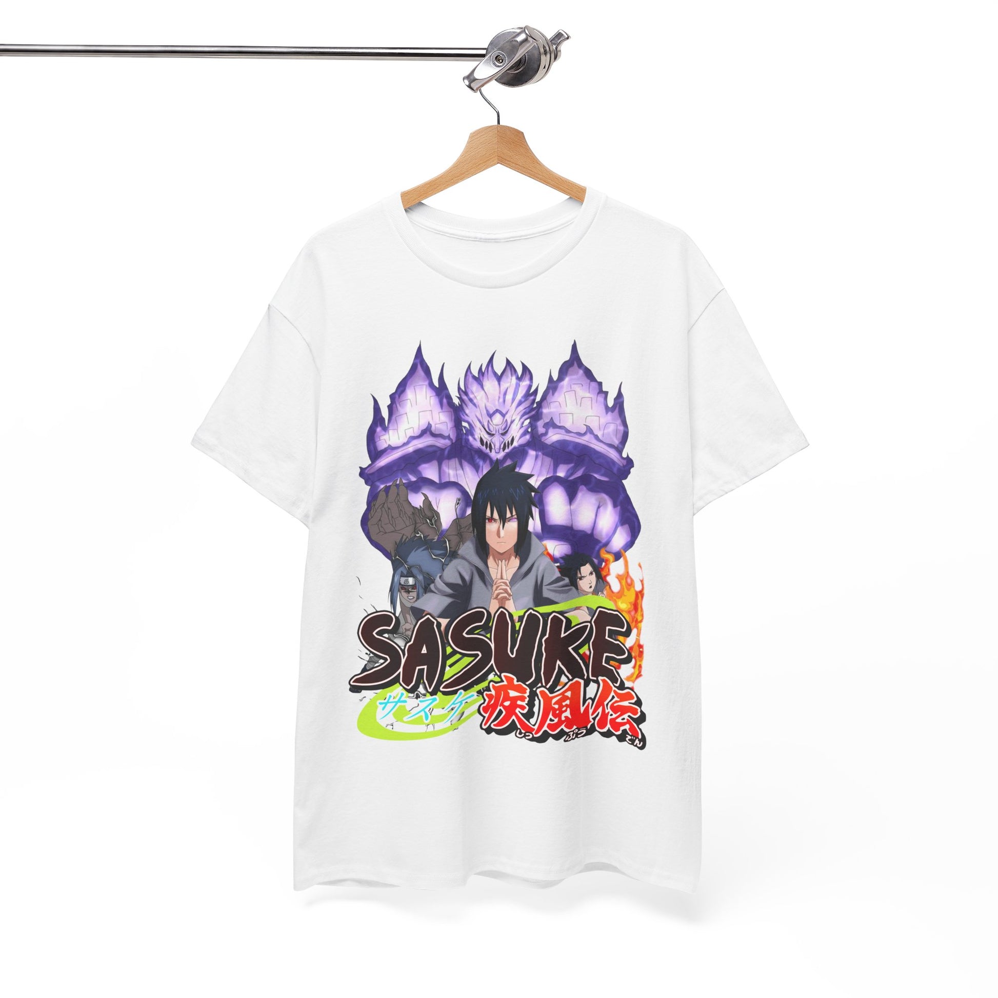 Stylish Sasuke graphic t-shirt hanging on a sleek hanger, featuring a captivating design with the character surrounded by dramatic elements, perfect for fashion-forward anime fans.