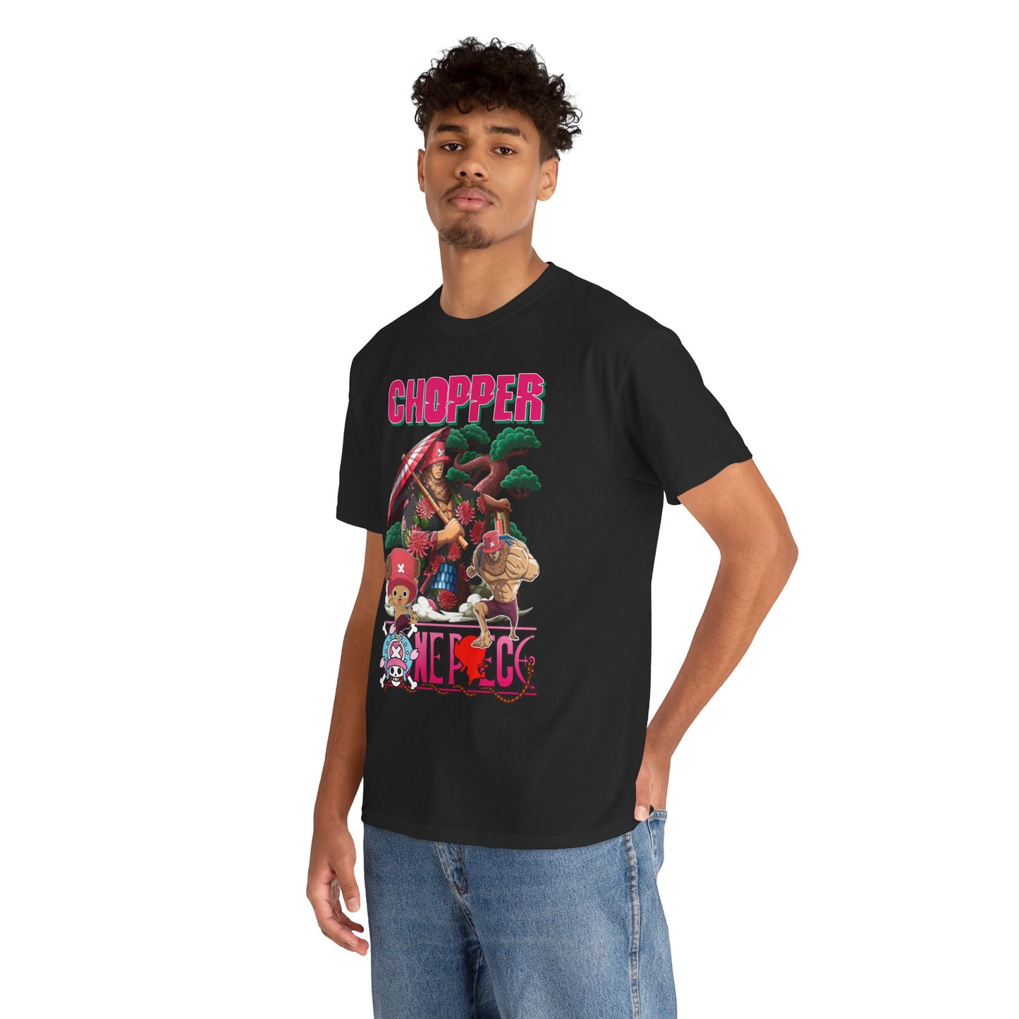 Model wearing the sophisticated Chopper & Friends Anime Graphic T-Shirt, presenting a unique blend of comfort and style with captivating chibi art on display.