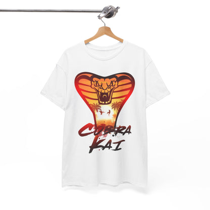 Beautifully displayed Cobra Kai graphic tee on a hanger, highlighting a stunning snake design with sunset colours, a blend of artistry and comfort.