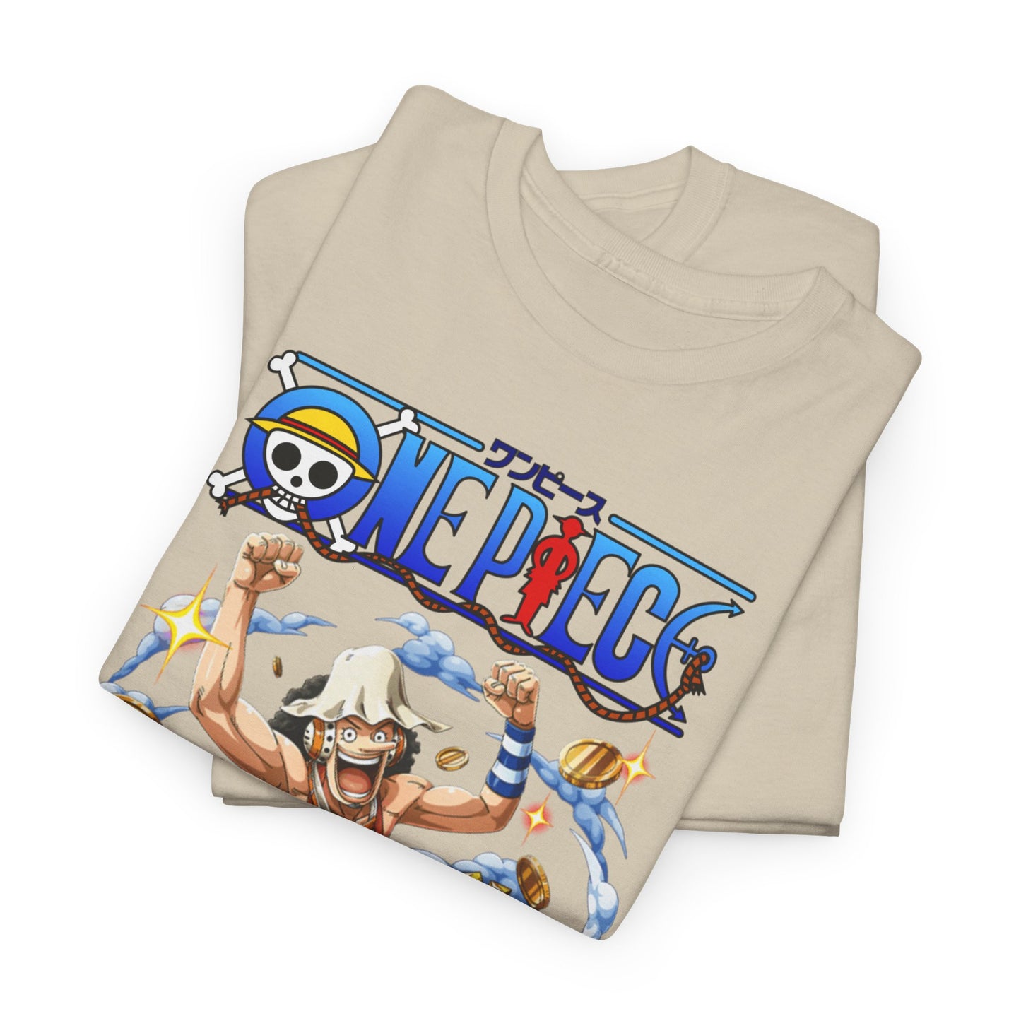 Pair of neatly folded Usopp t-shirts from One Piece, showcasing an eye-catching design of Usopp amidst a playful backdrop, ideal for luxury anime fashion lovers.