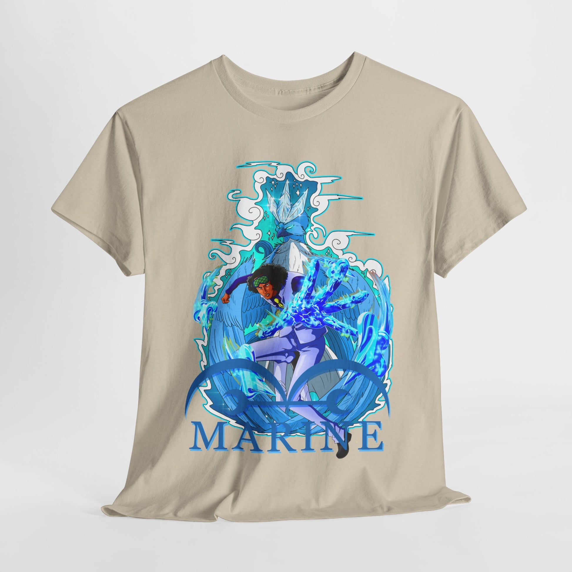 High-quality beige t-shirt for men displaying an eye-catching marine anime graphic, elegantly designed with swirling blue elements and the word 'MARINE', ideal for anime enthusiasts.